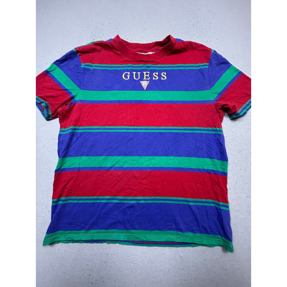 GUESS Originals T-Shirt Cotton Red Blue Green Striped Large Mens